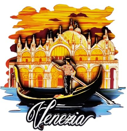 Dekorativer Kühlschrankmagnet Design Venezia Markusbasilika und Gondel 3D aus eingelegtem Holz und Epoxidharz 8 x 8 cm