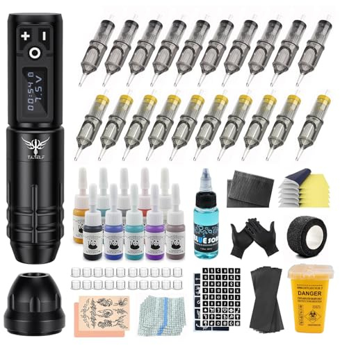 TATELF Kabelloses Stift Set, 1800mAh Akku, Body Art Werkzeug für Anfänger | 20 Patronen, 10 Tinten & Transferpapier. Komplettset für präzises Hautpigmentieren & Schattieren im Studio oder zu Hause
