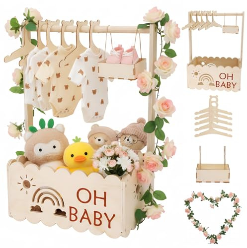 Gueiddi Panier Cadeau Naissance Bébé avec Penderie en Bois | Coffret cadeau baby shower fille & garçon. Boîte à souvenirs personnalisable DIY et organisateur pour chambre bébé