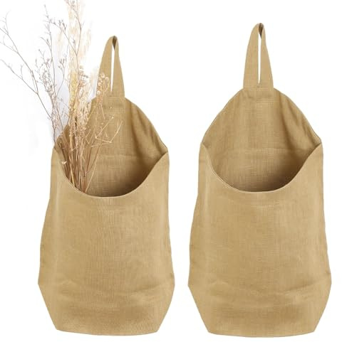 HSOFTIFY 100% Pure Linen Hanging Storage Baskets Set of 2, Dark Yellow | Small Wall Storage Baskets for Kitchen Dorm Motorhome, Organizer Key Over the Door for Saving Space Basket, 11.8 x 9.4 inch