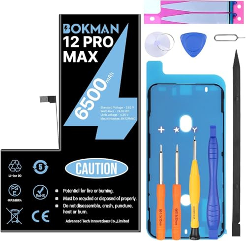 bokman Battery for iPhone 12 Pro Max, 6500mAh High Capacity Lithium Polymer Battery with All Tool Kits and Adhesive Strips