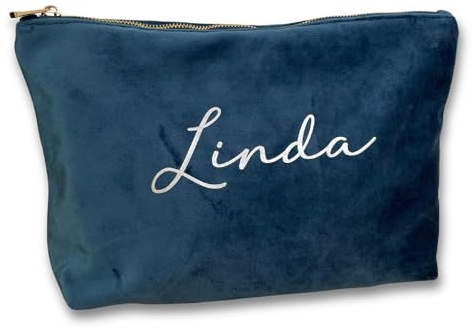 Kosmetiktasche personalisiert mit Namen aus Samt | Edle Tasche mit Reißverschluss | Geschenkidee für Frauen, Freundin oder Mama | 4 Farben & 2 Größen – handveredelt in Deutschland (Blau, Groß)