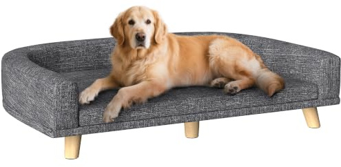 PawHut Sofá para Perros Grandes Cama Elevada 30kg 98x67x25cm Gris Oscuro | Tapizada, Cojín Lavable, Patas de Madera de Pino