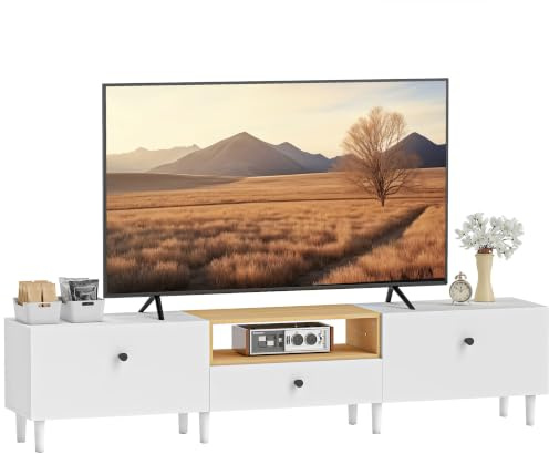 HOMCOM Meuble TV 200 cm, Meuble télé pour téléviseur jusqu'à 90 Pouces avec 2 Portes rabattables, tiroir, charnières à Fermeture amortie et 8 Pieds, Style Moderne, Banc TV pour Salon Chambre, Blanc