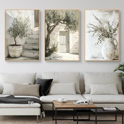 Meuzzvor Poster Set 3er Mediterrane Wandbilder Sonnenlicht Vasen Grünpflanzen Kunstdruck Bilder Vintage Bild für Wohnzimmer Schlafzimmer Deko Ohne Rahmen (50x70cm)