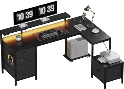 JUMMICO Umkehrbarer Eckschreibtisch mit Schubladen, 160x120cm Schwarz | Schreibtisch L Form mit Steckdosen, USB-Anschlüssen,LED Beleuchtung und Monitorständer, Tisch für Büro und Gaming