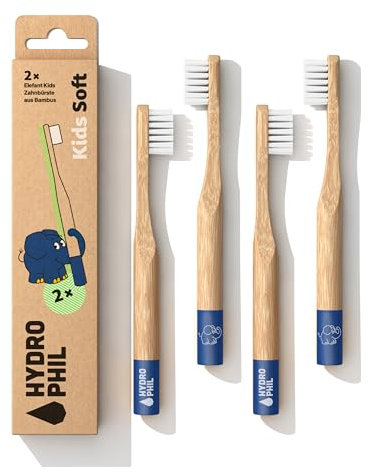 Hydrophil 4x Kinderzahnbrüsten extra weich aus Bambus, mit dem Elefant von Sendung mit der Maus, Bambuszahnbürste für Kinder, runder Griff, Zahnbürste Kinder ab 3 Jahren, Kids Toothbrush