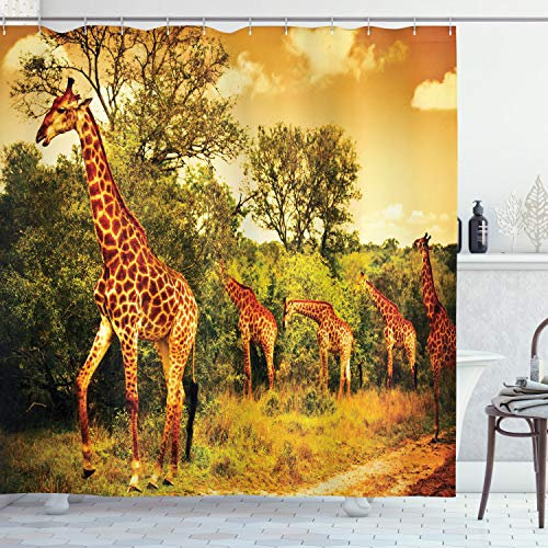 ABAKUHAUS Girafe Rideau de Douche, Animaux de Safari, Tissu Ensemble de Décor de Salle de Bain avec Crochets, 175 x 200 cm, Orange Foncé Vert