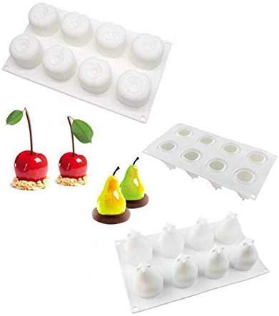 2 Pcs 3D Fruit Pomme Poire Cerise Citron Gâteau Silicone Moules, Cuisson Mousse Décorative Moule, Dessert Muffin Chocolat Gelée Moule, DIY Plats à Four Poêle, Pop Plateau - Cerise + Poire