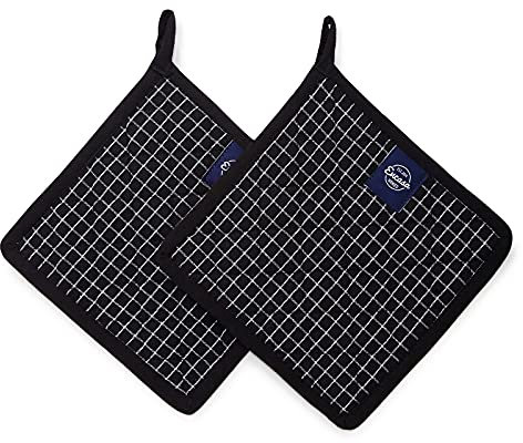 Encasa XO 21 cm Maniques pour Four à Micro-Ondes (Set de 2 pièces) pour la Cuisine - Résistant à la Chaleur, Protection des Mains Contre Les ustensiles - Butcher vérifie Le Noir