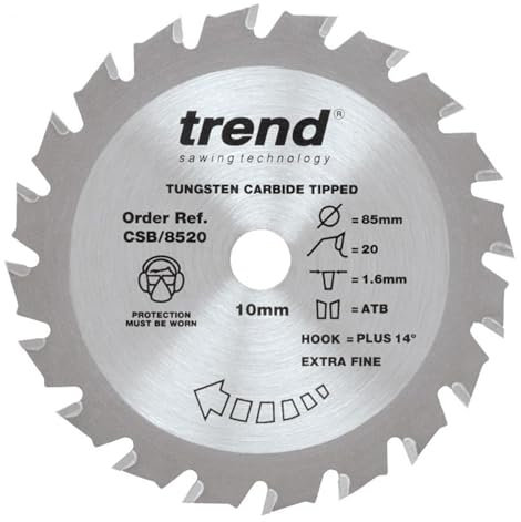 Trend Wood Circular Saw Blade, 85mm Diameter, 10mm Bore, 20 Teeth, 1.6mm Kerf, +14° Hook, TCT, Fine Finish, CSB/8520