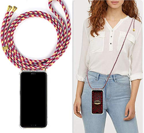 Viribus-de Handykette kompatibel mit Huawei P20 LITE und NOVA 3E - Smartphone Necklace Hülle Plus Band - Schnur mit Case zum umhängen (Bordeaux/Rot Camouflage - Kordelende Gold)