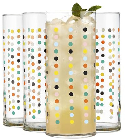 Libbey Vintage Dots Drinking Glasses Set of 4, Colorful, Retro Polka Dot Design Glass Cups Set, Dishwasher Safe Water Glasses Set for Beverages