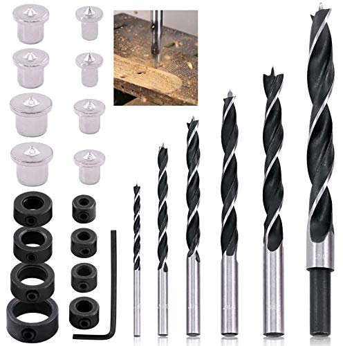 Keadic 26Pcs Dowel & Tenon Center & Drill Bits Set, 1/8-1/2 Inch Drill Bits, 3/4-16mm Drill Depth Stops, 1/4-1/2 Inch Center Dowel Pins, Brad Point Drill Bits for Woodworking