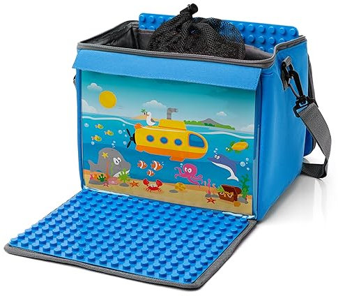 fantifant Baustein-Tasche mit ausklappbarer Bauplatte passend für große Bausteine vieler Marken I Größe XL (+2. Platte) I meerblau