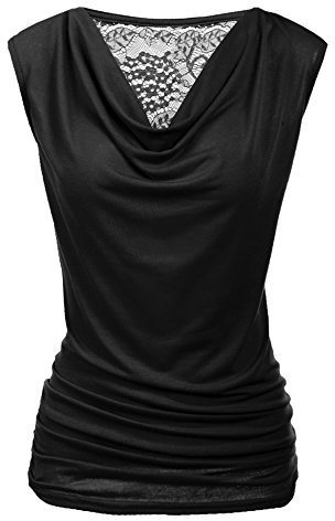 PINSPARK Damen Bluse Sommer Ärmellos T-Shirt Casual V-Ausschnitt Oberteil Stretch Falten Shirts Elegant Tunika Spitzentop Schwarz M