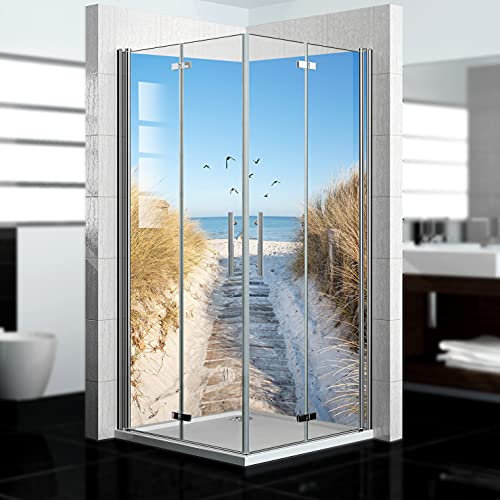 dedeco Eck-Duschrückwand wasserfest Motiv: Nordsee V1, UV-Lack glänzend, 2 x 90x200 cm, Badrückwand, Fliesenersatz fugenlos Wandverkleidung Duschplatte Duschrückwände aus Aluminium, Made in Germany