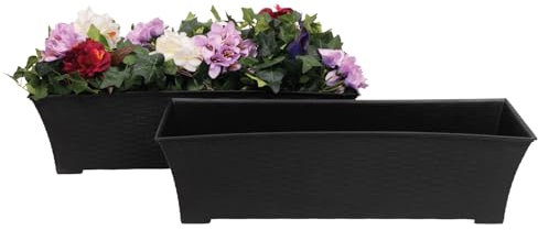 Elly Décor Set mit 2 rechteckigen Pflanztellern, 45,7 x 20,3 cm, widerstandsfähig, für Innen- und Außenbereiche, robuster Kunststoff, mit Rattanähnlicher Oberfläche, Onix-Grau