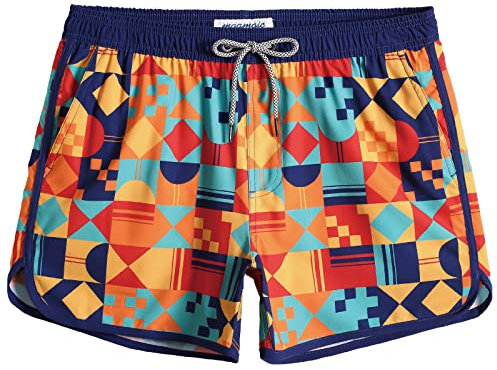 MaaMgic Short de Bain Homme Vintage - Maillot de Bain Homme Bermuda Séchage Rapide Doublure Confortable avec 3 Poches,Géométrie Orange,M