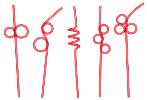 Fiesta First 10 Premium Long Crazy Silly Straws for Kids/Adults Red, Twisty Twirly Fun Colorful Party Spiral Drinking Straws, Recyclable Plastic BPA Free Reusable, Loop Curly Swirly Party Favor
