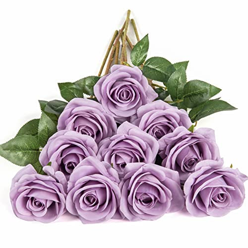 DuHouse 10 rose finte fiori di seta artificiali fiori di rosa finto fiore lunghi steli bouquet per organizzare matrimoni centrotavola festa casa decorazione cucina(Lilla)