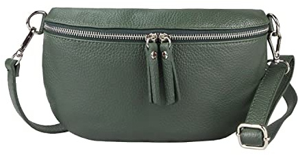 Made in Italy Damen Leder Tasche Handytasche Gürteltasche Crossbody Hüfttasche Bauchtasche Umhängetasche Cross-Over Bodybag Schultertasche Kosmetiktasche Dunkelgrün