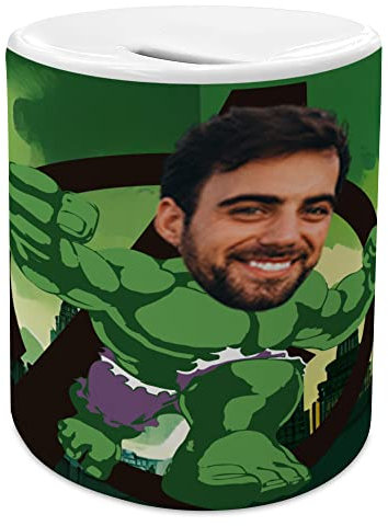 Personalisierte Spardose. Geschenke mit Foto und Namen. Originale Sparschweine. Hochwertige Keramik. Unterer Deckel. 115mm/ Ø65mm. Spardose aus Zinn. Hulk