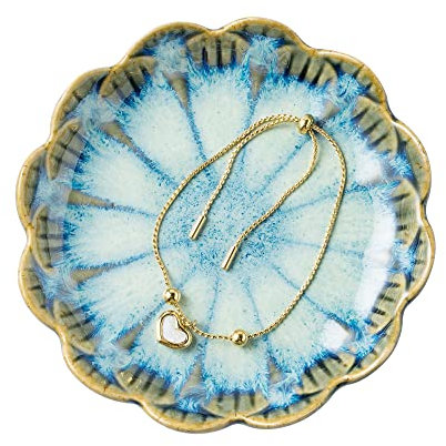 BEUNAIZER Bandeja para Joyas, Plato para Anillos, Bandeja de cerámica para Abalorios, Cuenco para Llaves, Plato Decorativo, Regalos para Amigos, Hermanas, Hija, Madre (Azul Retro)