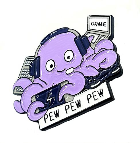 Cute Purple Octopus Pew Pew Pew Gaming Gamer Console PC Metal Enamel Pin Badge