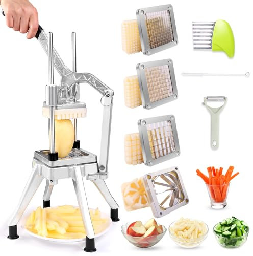 Ezcasch Coupe-frites commercial en acier inoxydable pour pommes de terre, légumes, fruits, oignons, chou, carottes, pommes de terre, champignons, avec 4 lames (0,6 cm, 0,9 cm, 1,2 cm, 8 compartiments)
