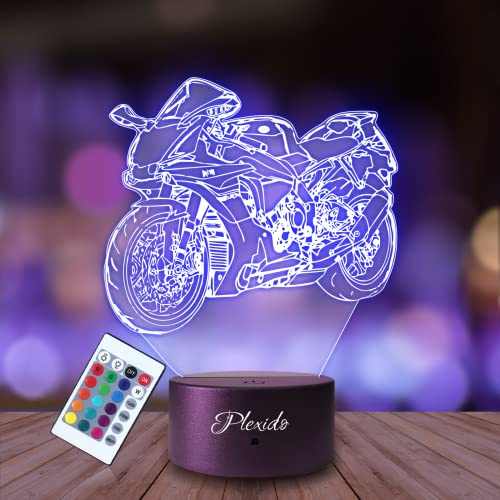 Plexido Nachtlicht Motor Motorrad Zweiräder Illusion Lampe 3D Nachttischlampe Geschenk für Kinder Personalisiert Graveur Weltraum Kinderzimmer LED Licht Fernbedienung 16 Farbwechsel Wohnzimmer