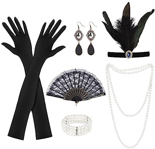 20er Jahre Accessoires, 6 Stück 1920 Zubehör Set, 20er Jahre Kostüm Damen, Great Gatsby Accessoires Damen mit Flapper Stirnband Handschuhen Perlenkette Ohrringen Handheld-Requisiten für Abschlussball