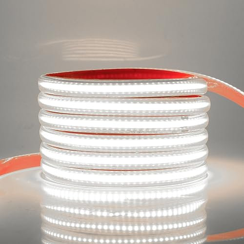 KISUFU 220V COB LED Strip 288 LEDs/M Waterproof High Density Flexible COB LED Strip Light Mit Schalter, Light Strip for Home Kitchen TV LiV ing Room Party DIY Decoration Lighting (5m, Weiß)