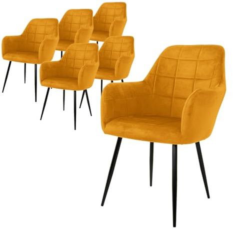 ECD Germany 6er Set Esszimmerstühle mit Rücken- und Armlehnen, Senf, Küchenstühle mit Samtbezug, Polsterstühle mit Stahlgestell, Ergonomische Stühle für Esstisch, Wohnzimmerstühle Esszimmerstuhl