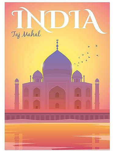 JUNOMI® Indien Poster | DIN A2 Wohnzimmer Deko, Modernes Wandbild, Delhi Poster, Reiseposter, Taj Mahal | Ohne Rahmen