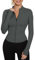 IECCP Sport Tshirts Damen Langarm Laufshirt Gym Crop Top Trainingsshirt Reißverschluss Sportshirt Workout Oberteil mit Daumenlöcher Dunkelgrau XS