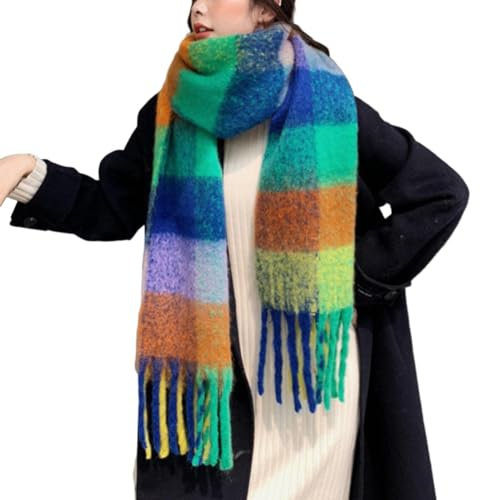 YCBMINGCAN Écharpe tissée en tricot pour femme avec motif à carreaux colorés et longues franges épaisses, écharpe chaude d'hiver bleue pour femme, vert, taille unique