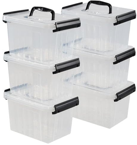 Afromy 3L Small Stackable Storage Bin with Latching Lid, Set of 6 Clear Plastic Tote Organiser