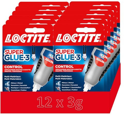 Super Glue 3 Control, Colle instantanée surpuissante avec débit contrôlé, Colle universelle pour la plupart des matériaux, colle liquide dans un flacon anti choc de 12 x 3 g