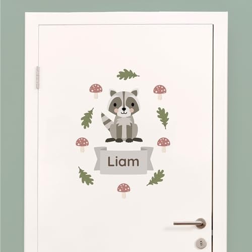 Klebekerlchen® Türaufkleber personalisiert mit Namensschild – Türschild Kinderzimmer & Babyzimmer Wandtattoo – selbstklebende Wandsticker - Kinderzimmer Deko Junge & Mädchen – Waschbär