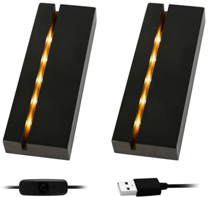 JOJOCY Holzsockel für Ausstellung mit warmweißen LED-Leuchten, rechteckig, beleuchtet, Halterung für 3 mm dicke Acrylplatte, Kunstharzglasplatte (schwarz, 2)