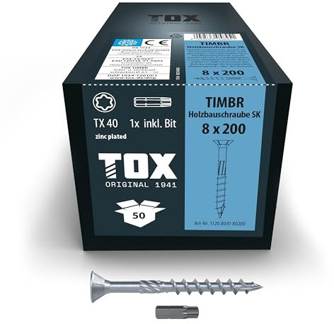 TOX Vis TIMBR SK 8,0 x 200 mm, zinguée bleue à tête fraisée, TX40, vis pour vissage léger et montages à fleur dans la construction en bois, 50 pièces dans un carton, 1x embout inclus, 1120404180200