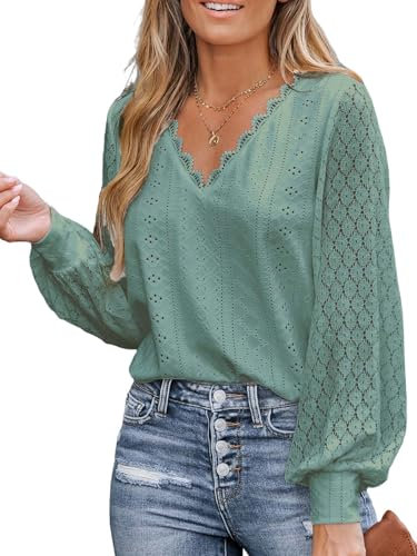 CUPSHE Women Blouse Cutout Scalloped Lace Top Long Lace Sleeves V Neck Banded Cuffs Chic Elegance Shirt, Sage Green, L