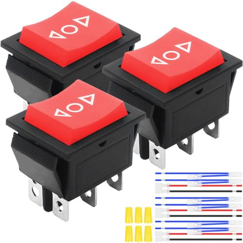 MKBKLLJY 3St. Momentaner Motorpolaritätsumkehr-Wippschalter Rot DC 20A 12V DPDT 6Pin 3Position (ON)-Off-(ON) Automatischer Reset-Schalter 16A 250V AC/20A 125V AC mit Überbrückungsdrähten für Boot