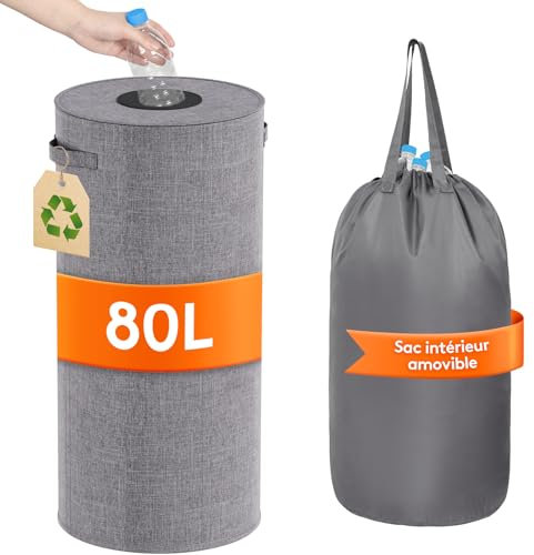Lifewit 80L Kreis Pfandflaschen Sammelbehälter mit Deckel, Großer Pfandflaschen behälter für die Leergutaufbewahrung, Flaschensammler mit Loch Küchenaufbewahrungsraum Flaschentasche, Grau