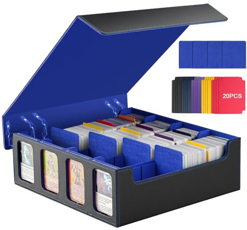 TiMOVO MTG Deck Box, Magnetic Trading Card Storage Case Holds 3000+ Sleeveless Cards with 20 Colorful Dividers & 4Pcs Card Supporters, 4 Rows Commander Card Deck Box for Magic Game Cards, Black + Blue