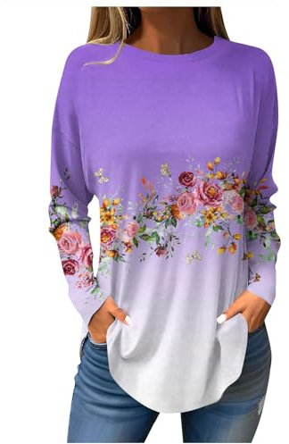 Tshirt Damen Lässig Rundhals Shirt Elegant Tops 2024 Mode Langarmshirt Locker Oberteile Casual Langarm Tunika Vintage Longshirt Herbst Blusen Boho Drucken Pullover Sweatshirt(1-Purple,S)