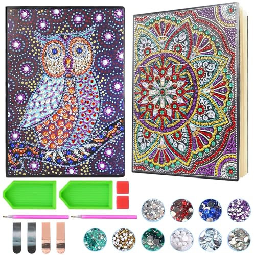 Getyjoe 2 Stück Diamond Painting Notizbuch mit 2 Lesezeichen Tagebuch Mandala Owl Muster Diamant Tagesbuch 50 Blatt 120 Seiten DIY 5d Diamant Notebook für Schülerbüro Schulbedarf Weihnachtsgeschenke