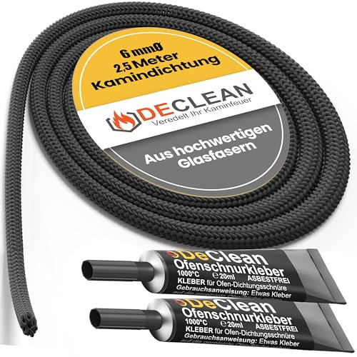 DeClean 2,5 m Dichtschnur Ø 6 mm Dichtung Glasfaserschnur Türdichtung Ofen inkl.Kleber, feuerfeste Kamindichtung, Dichtschnur für Kamin und Ofen, Fireplace Gasket