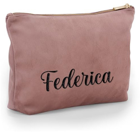 Caribu design Pochette in Velluto Personalizzata con Nome Iniziali Testo - Borsa per Trucchi, Cosmetica, da Viaggio, con Cerniera - Idea Regalo Personalizzata per Lei Donna (Rosa quarzo, Grande)